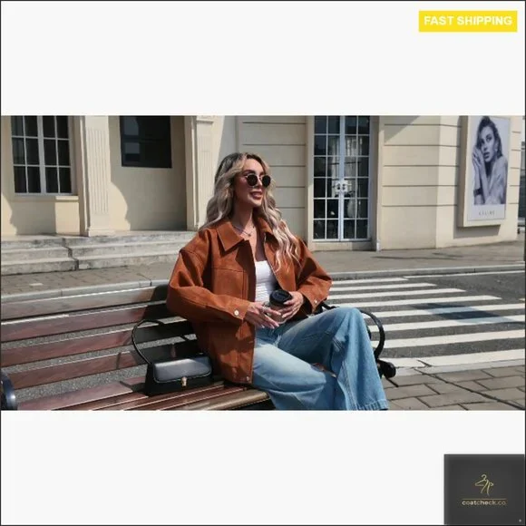 Faux Suede Motorcycle Jacket Oversized Zip Up Bomber Coat Women's Outerwear - Picture 7 of 7